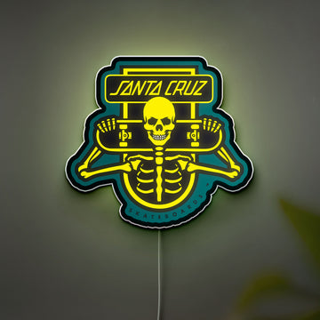 Santa Cruz Skeleton Glow Sign - Skull Skateboard LED Wall Art Light, Retro Skate Decor Gift for Skateboarders