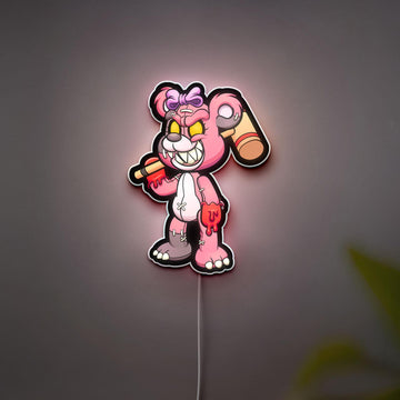 Quirky Teddy Bear 3D LED Lamp, Evil Pink Teddy Bear Holding Big Mallet, Creative Wall Decor, Party Themes Decor, Personalized Gift for Him