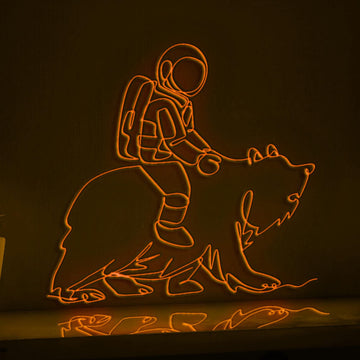 Cosmonaut Riding Bear Wilderness Fantasy EL Wire Art for Nature Rooms & Space Safari Decor