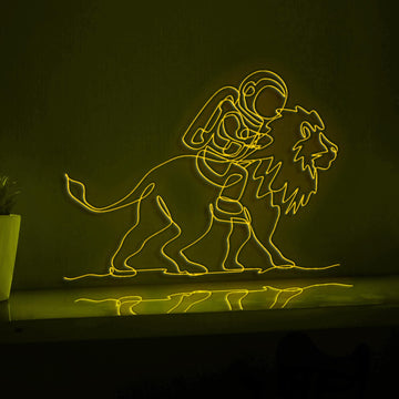 Cosmonaut Riding Lion Majestic Fantasy EL Wire Art for Adventure Rooms & Wildlife Lovers