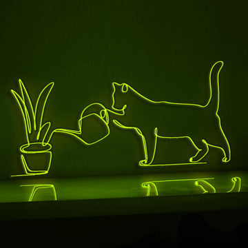 Cat Watering Plants Whimsical EL Wire Animal Wall Art for Plant Lovers & Pet-Themed Homes