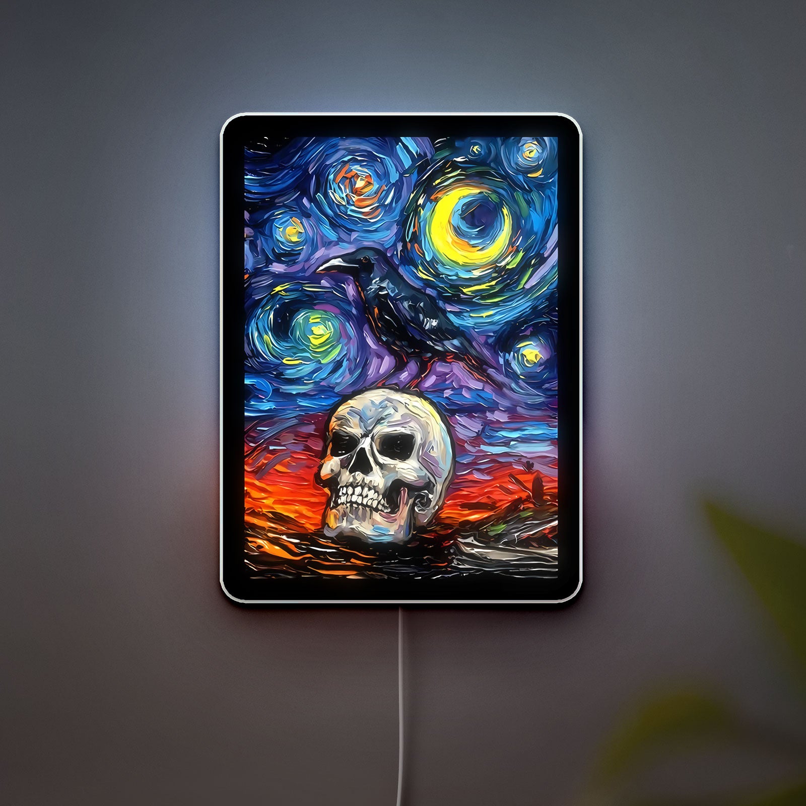 Nevermore Starry Night Glow Light - Gothic Raven & Moon LED Sign, Dark Art Night Lamp for Halloween Decor
