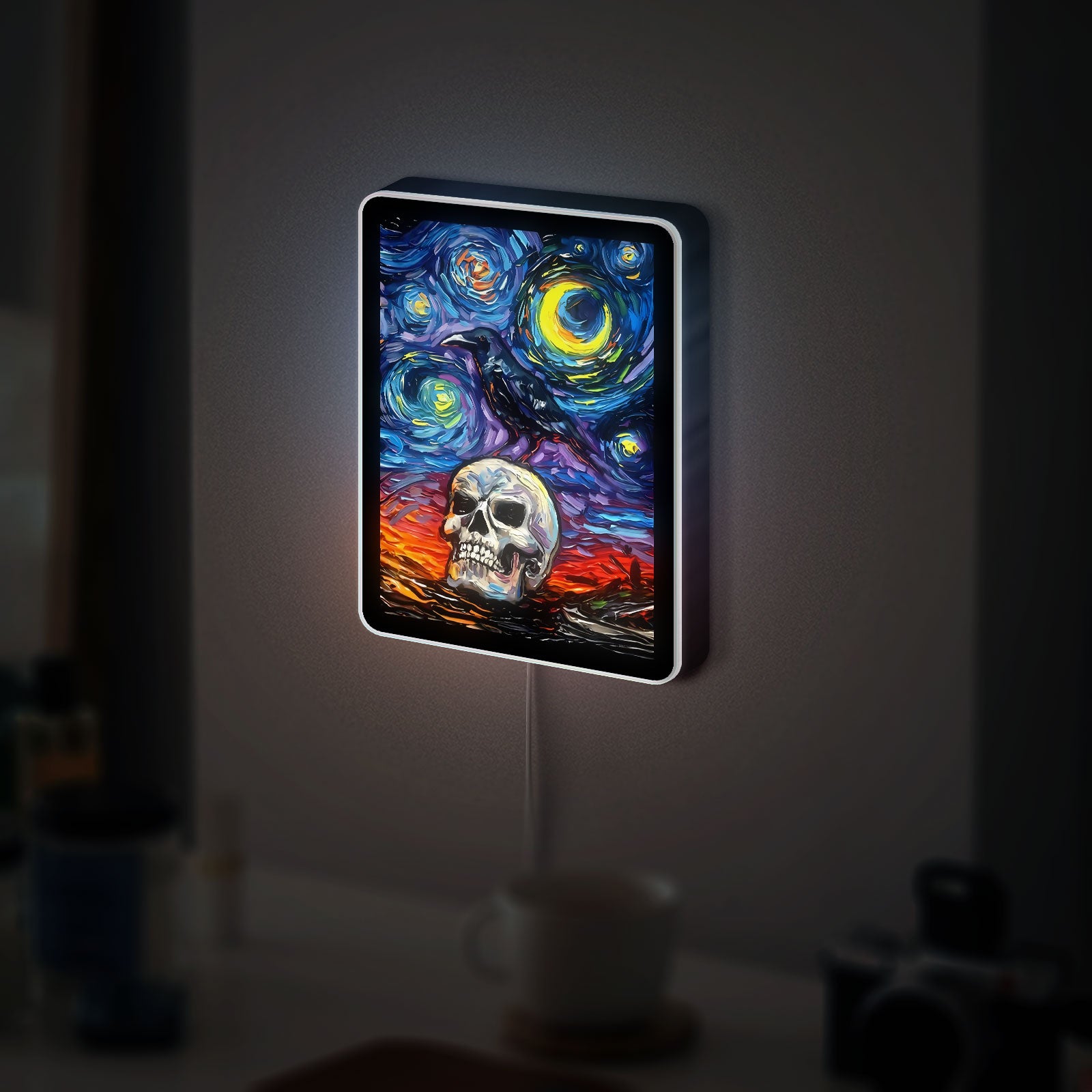 Nevermore Starry Night Glow Light - Gothic Raven & Moon LED Sign, Dark Art Night Lamp for Halloween Decor
