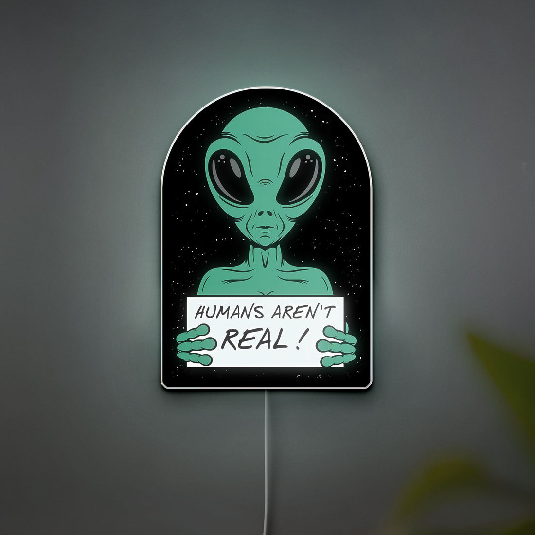 Humans Are Not Real Alien Glow Sign - Funny UFO Meme Night Light, Sci-Fi Room Decor, Novelty LED Lamp for Galaxy & Spaceship Lovers
