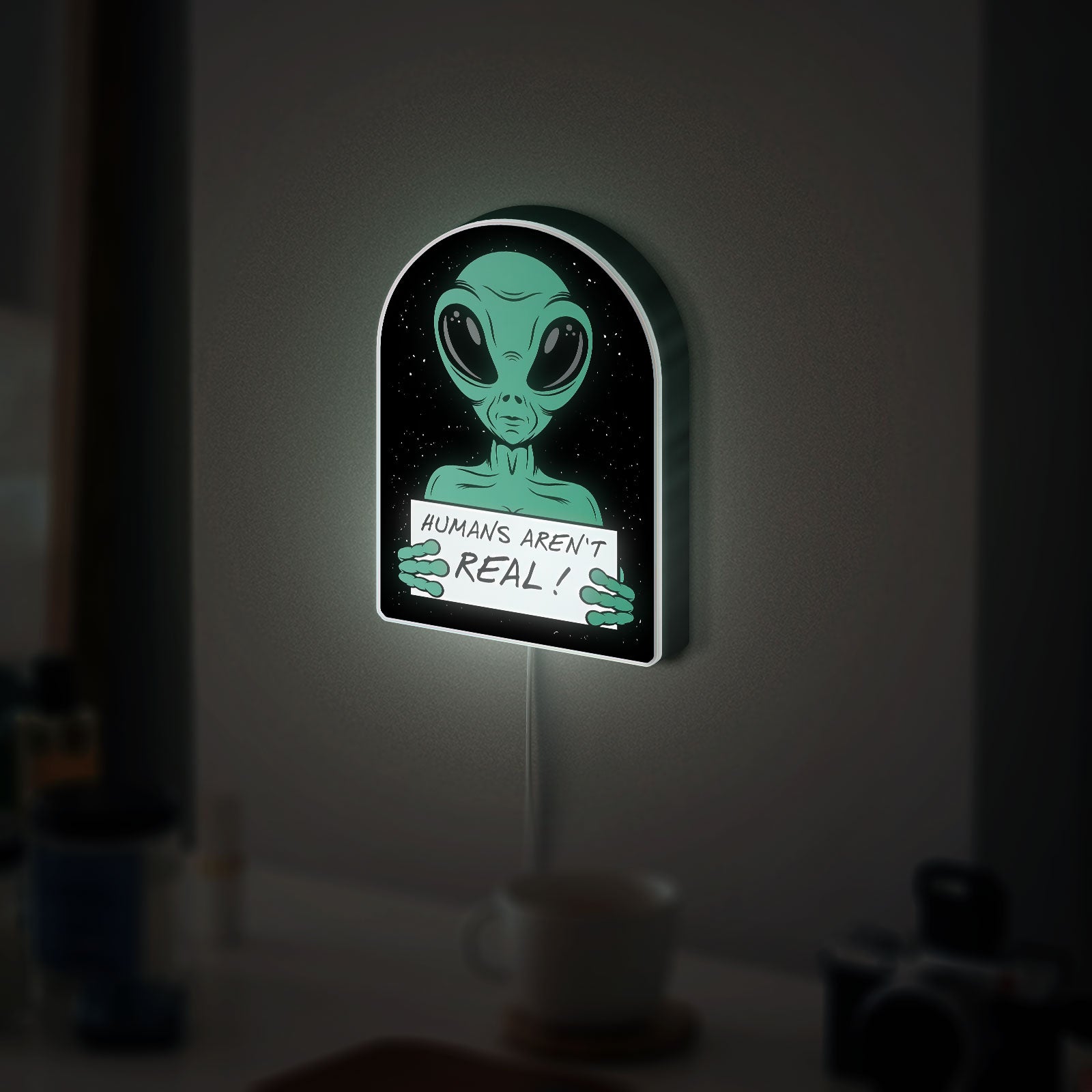 Humans Are Not Real Alien Glow Sign - Funny UFO Meme Night Light, Sci-Fi Room Decor, Novelty LED Lamp for Galaxy & Spaceship Lovers
