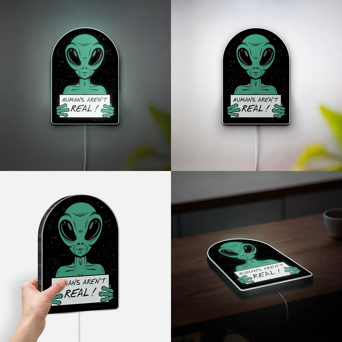 Humans Are Not Real Alien Glow Sign - Funny UFO Meme Night Light, Sci-Fi Room Decor, Novelty LED Lamp for Galaxy & Spaceship Lovers
