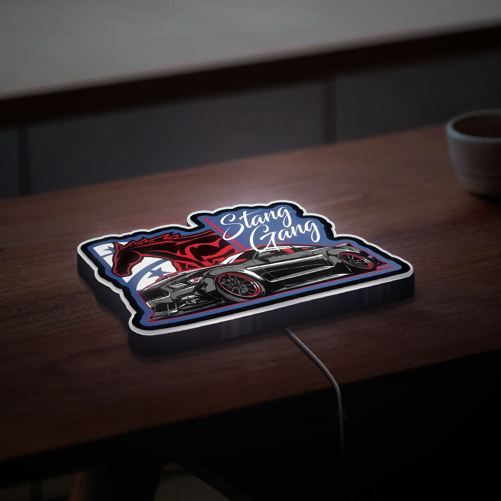 Mustang Gang Car 3D Light Box - Black Stang Racing Art LED Night Light, Sporty Auto Decor for Car Enthusiasts 