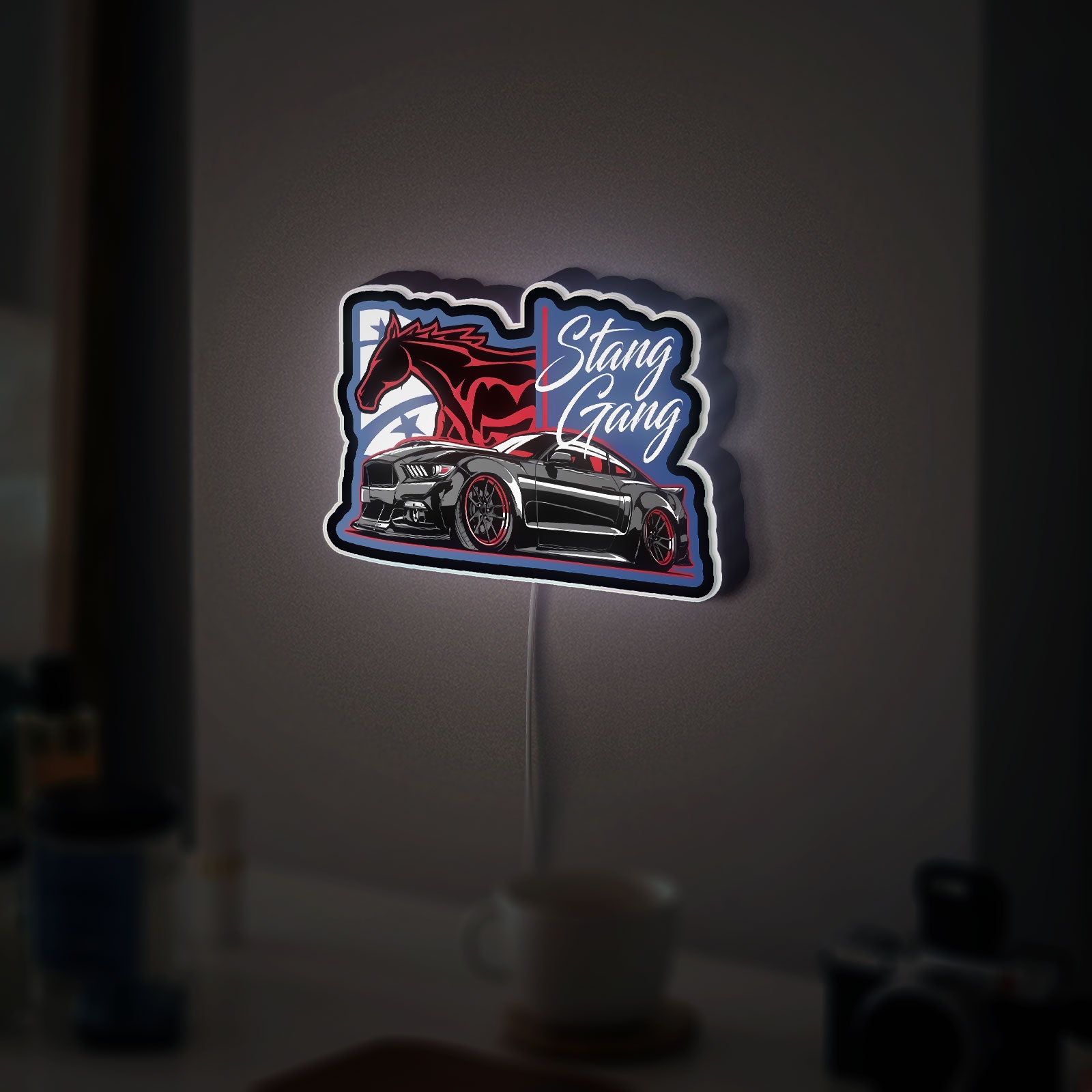 Mustang Gang Car 3D Light Box - Black Stang Racing Art LED Night Light, Sporty Auto Decor for Car Enthusiasts 
