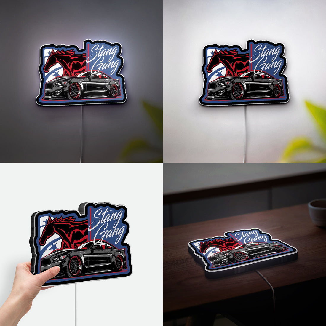 Mustang Gang Car 3D Light Box - Black Stang Racing Art LED Night Light, Sporty Auto Decor for Car Enthusiasts 