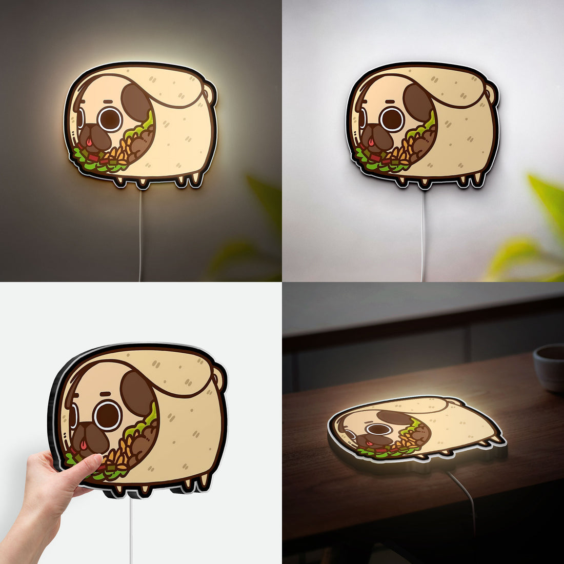 Pug Taco 3D Light Box - Cute Chibi Food LED Night Light, Funny Animal Decor for Dog Lovers & Mexican Food Fans 