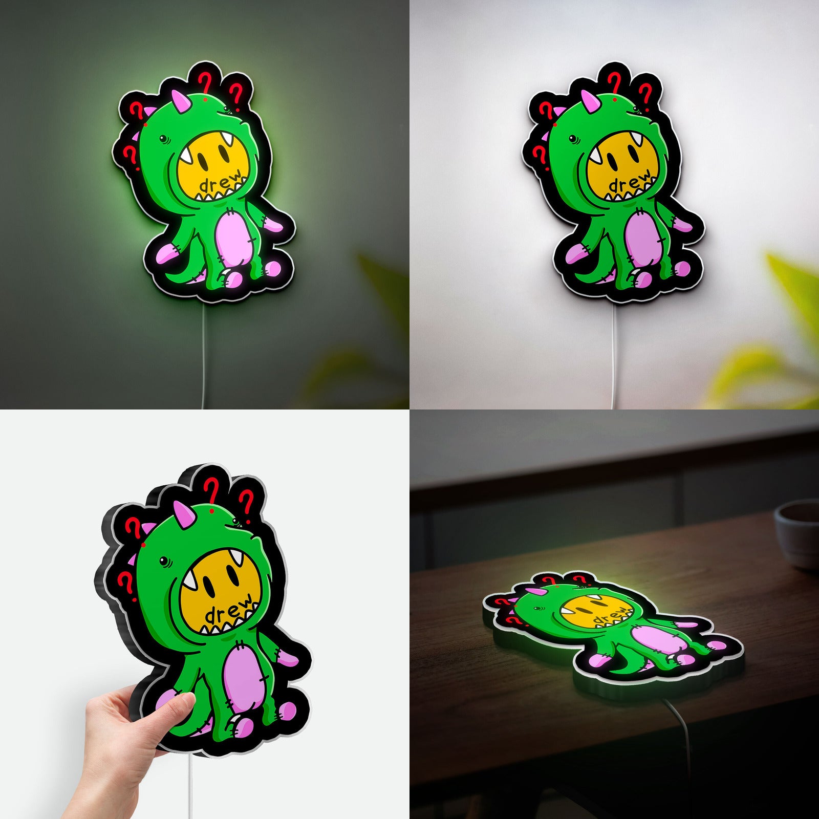Drew House Inspired 3D Light Box - Smiley Dinosaur LED Night Light, Cartoon Art Decor for Justin Bieber Fans & Streetwear Lovers