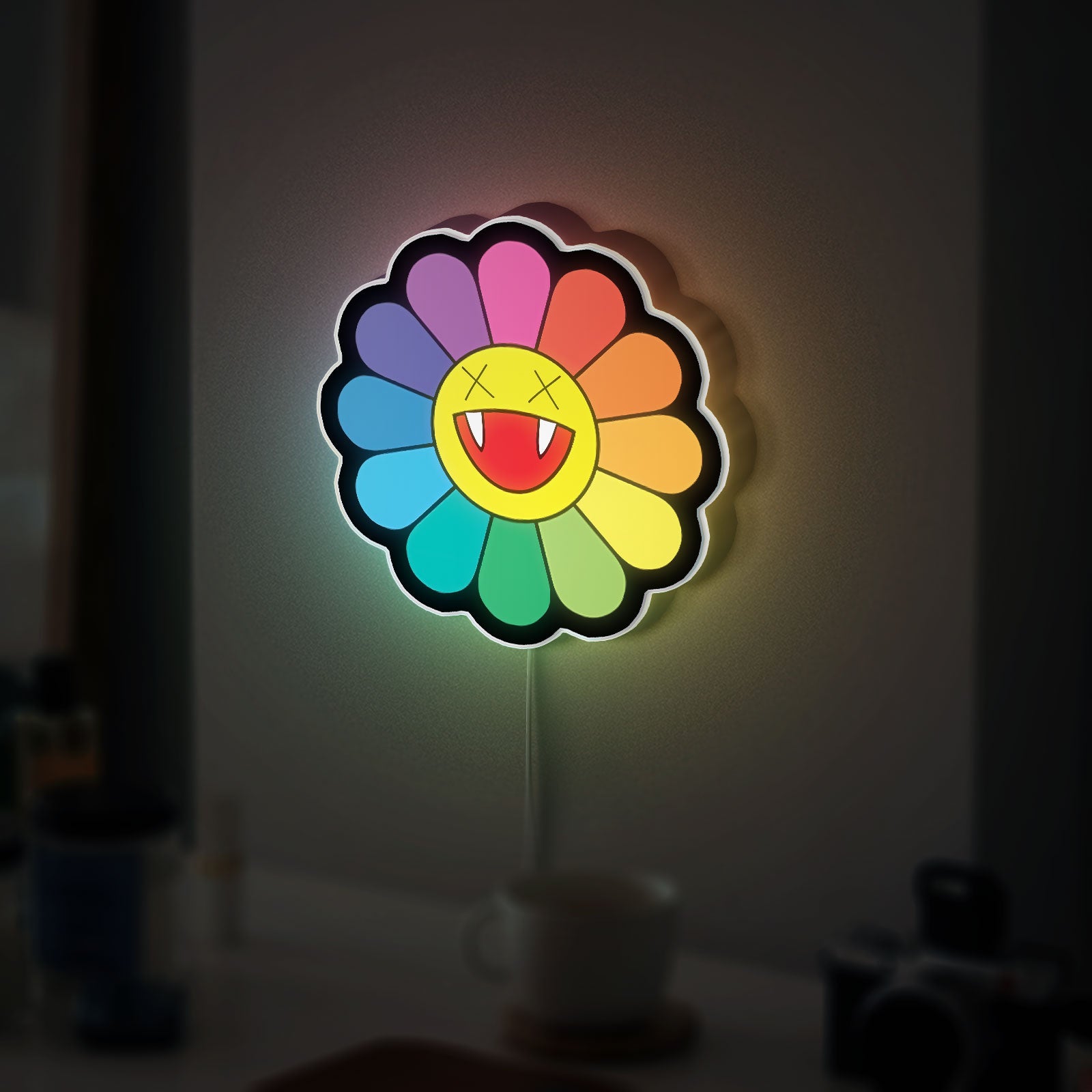 Takashi Murakami Inspired 3D Light Box - Rainbow Flower & Smiley LED Art, Japanese Pop Art Decor for Modern Homes 