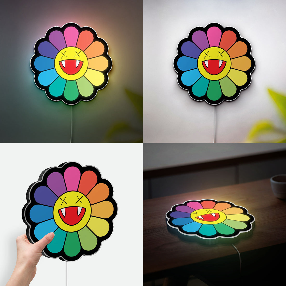 Takashi Murakami Inspired 3D Light Box - Rainbow Flower & Smiley LED Art, Japanese Pop Art Decor for Modern Homes 