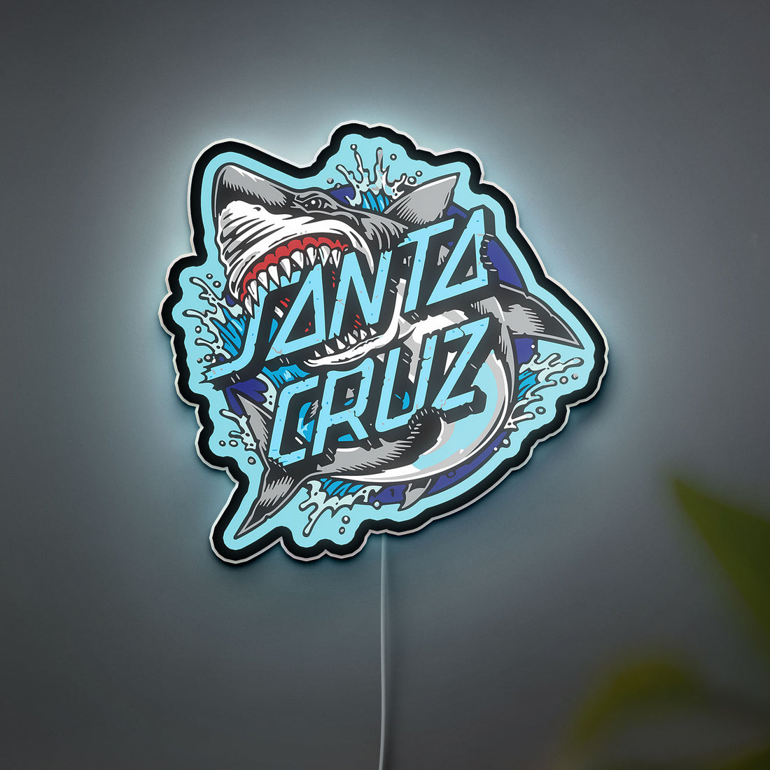 Santa Cruz Shark Glow Sign Light - Skateboard LED Wall Art, Retro Surf Decor with Blue Wave Design
