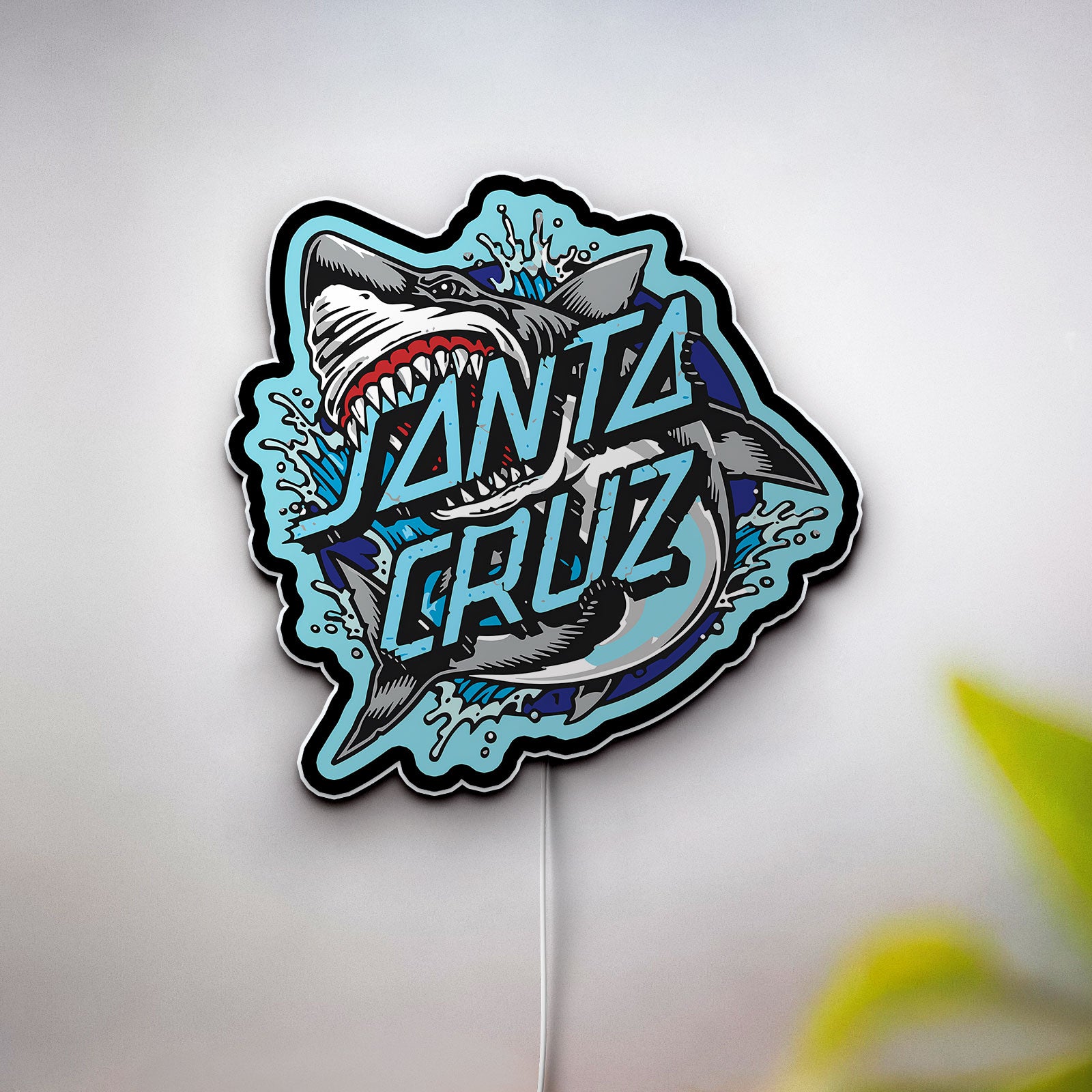 Santa Cruz Shark Glow Sign Light - Skateboard LED Wall Art, Retro Surf Decor with Blue Wave Design
