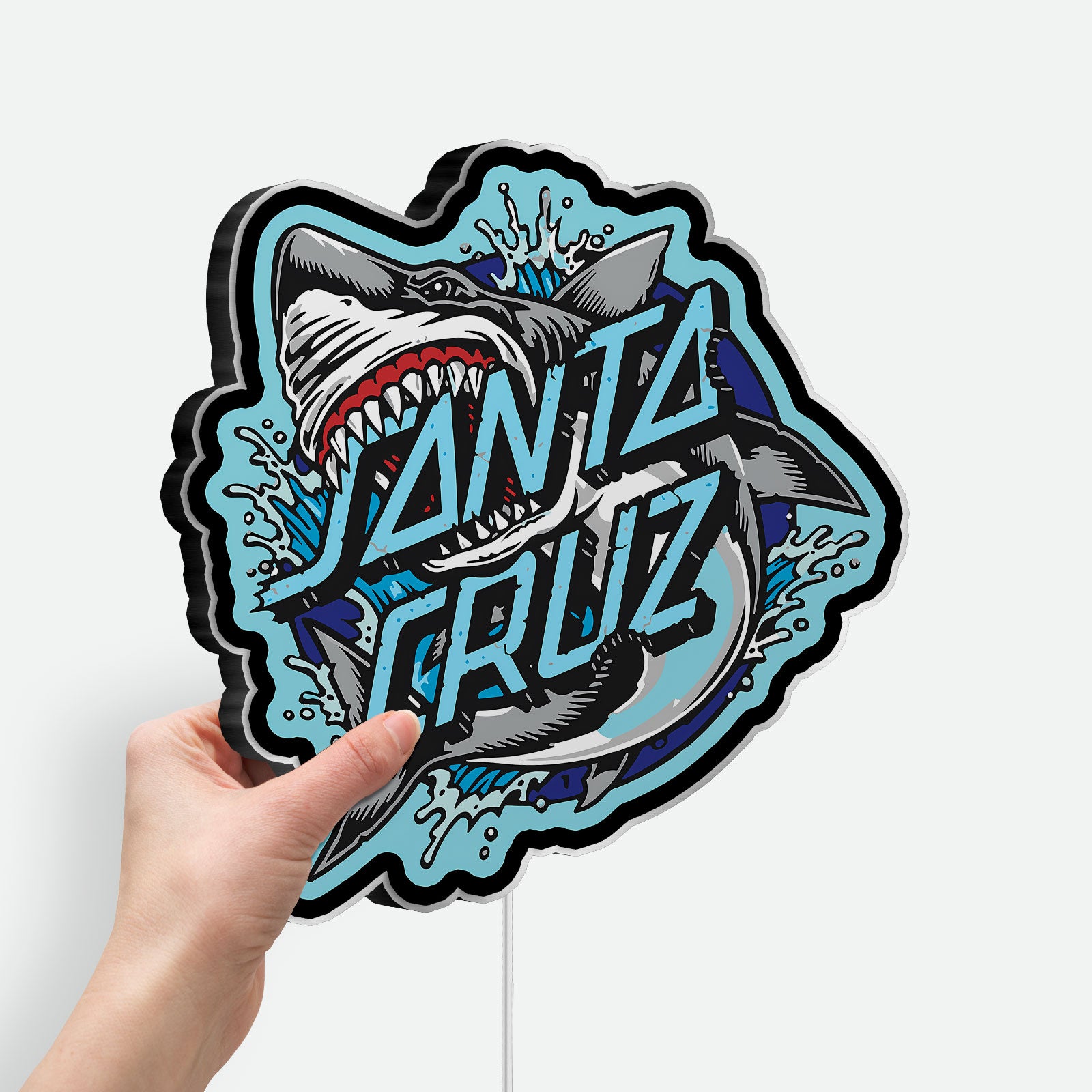 Santa Cruz Shark Glow Sign Light - Skateboard LED Wall Art, Retro Surf Decor with Blue Wave Design
