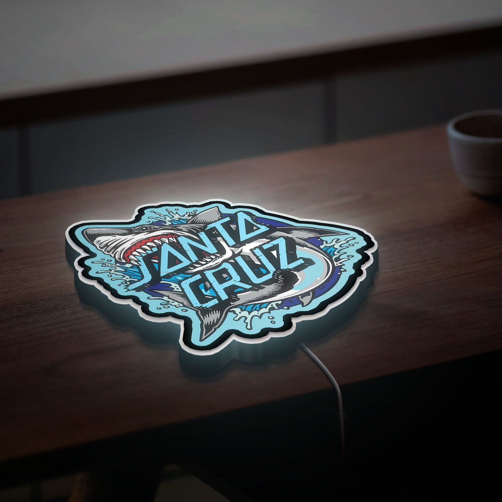 Santa Cruz Shark Glow Sign Light - Skateboard LED Wall Art, Retro Surf Decor with Blue Wave Design
