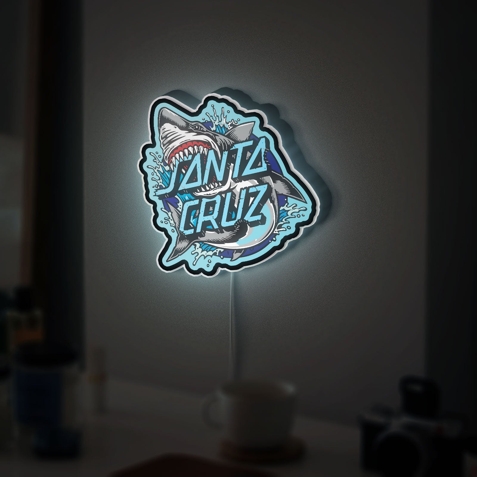 Santa Cruz Shark Glow Sign Light - Skateboard LED Wall Art, Retro Surf Decor with Blue Wave Design
