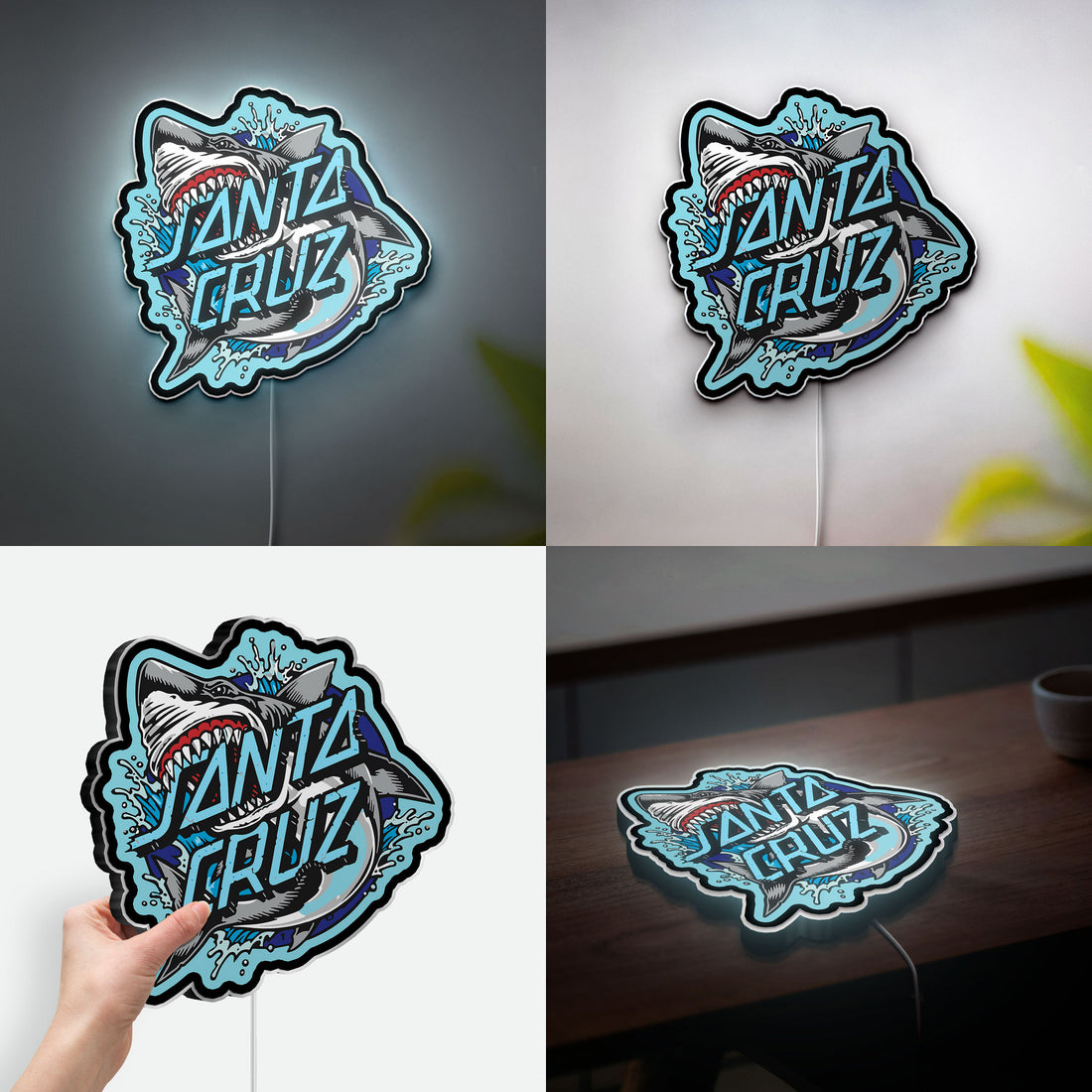 Santa Cruz Shark Glow Sign Light - Skateboard LED Wall Art, Retro Surf Decor with Blue Wave Design
