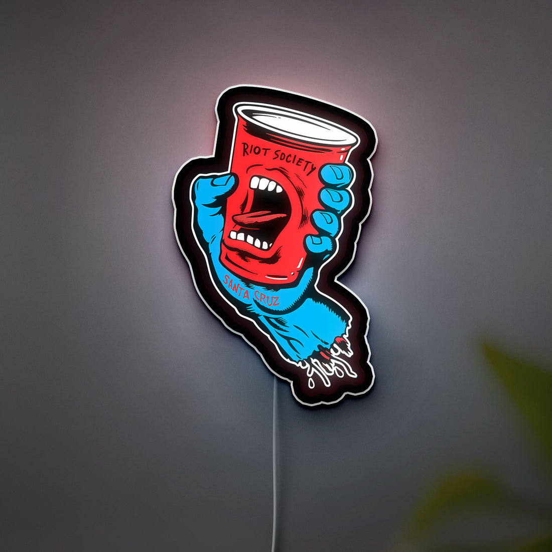 Santa Cruz Screaming Hand Glow Sign - Skateboard Wall Art LED Light, Riot Society Inspired Decor, Surf Shop Night Lamp 