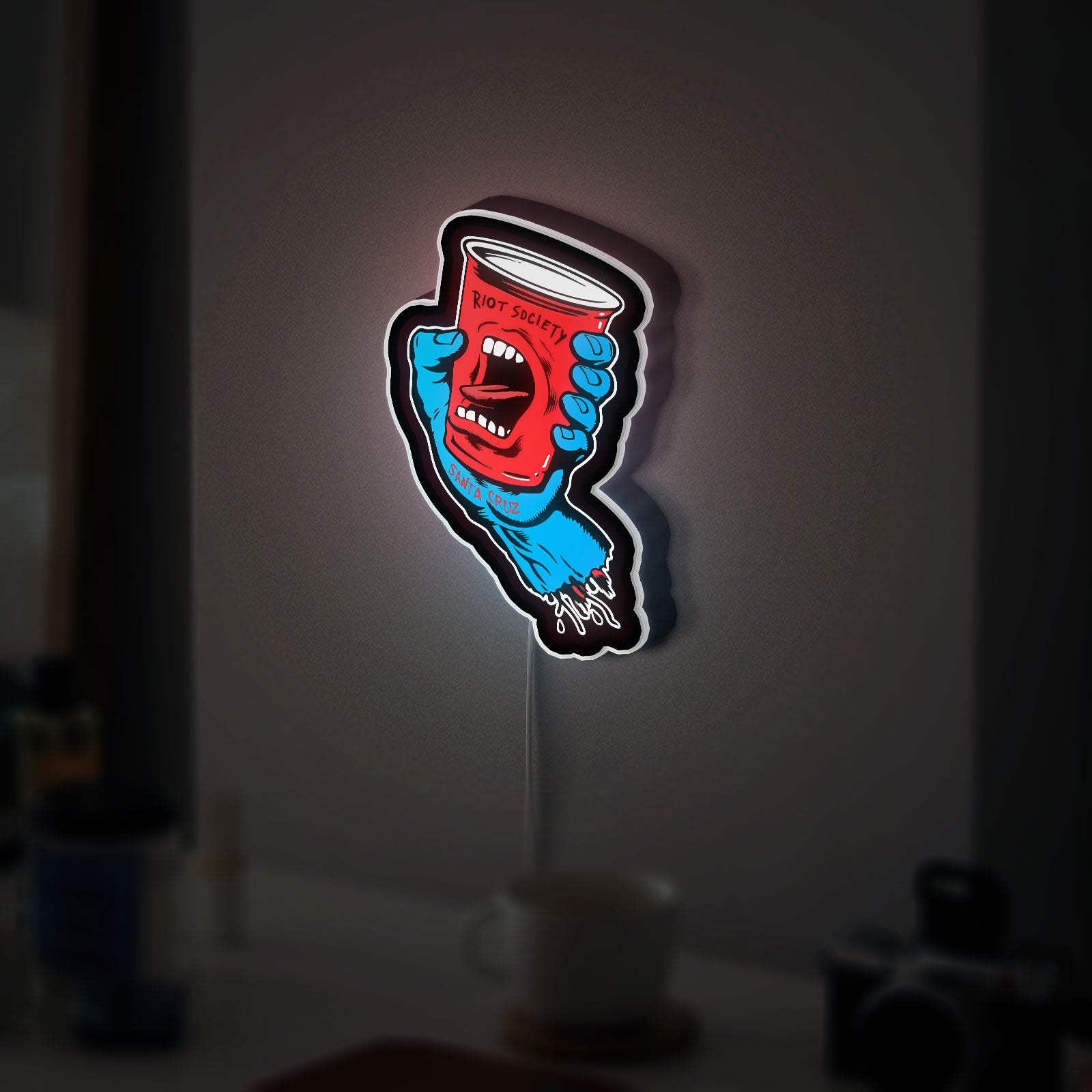 Santa Cruz Screaming Hand Glow Sign - Skateboard Wall Art LED Light, Riot Society Inspired Decor, Surf Shop Night Lamp 