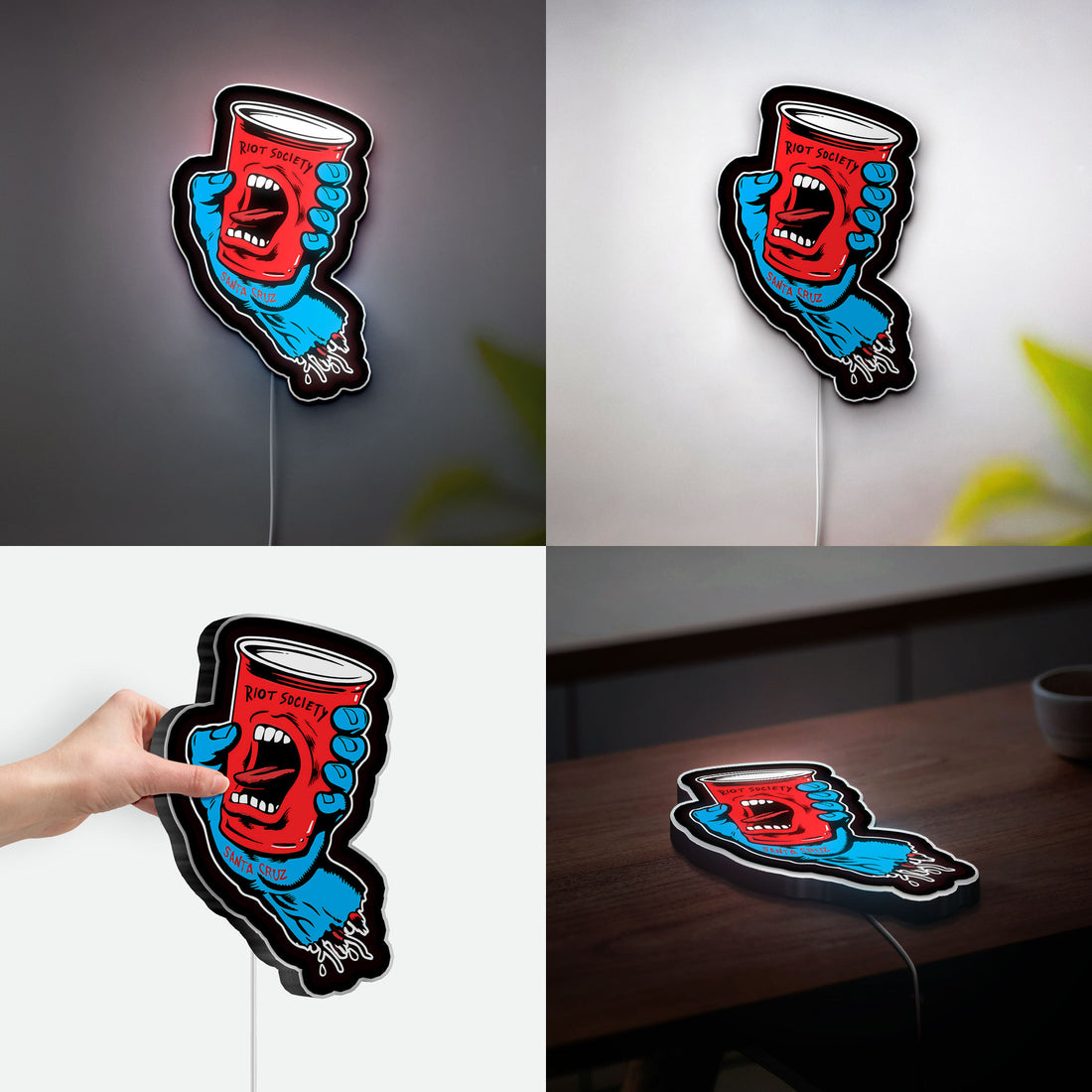 Santa Cruz Screaming Hand Glow Sign - Skateboard Wall Art LED Light, Riot Society Inspired Decor, Surf Shop Night Lamp 