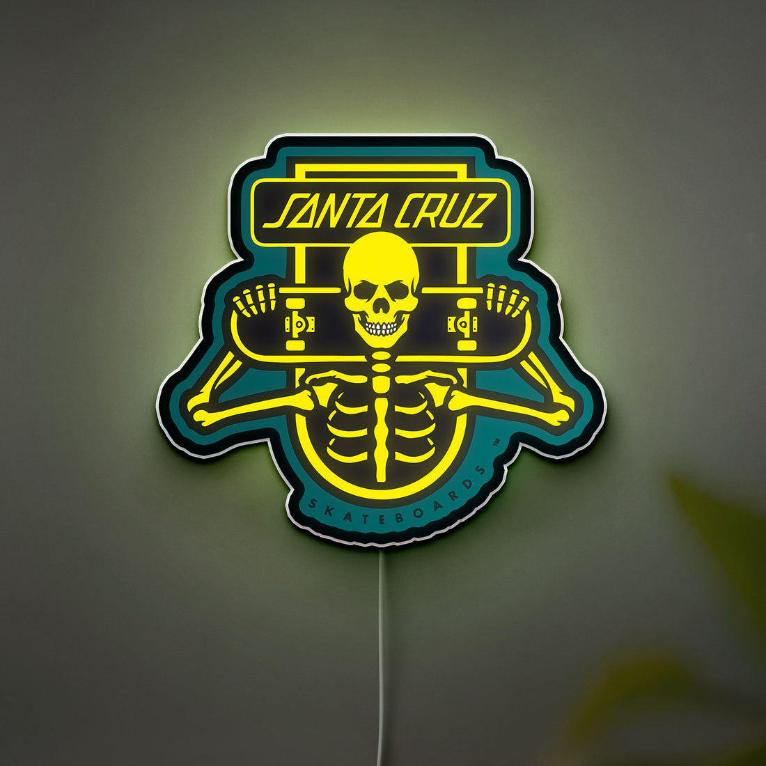 Santa Cruz Skeleton Glow Sign - Skull Skateboard LED Wall Art Light, Retro Skate Decor Gift for Skateboarders
