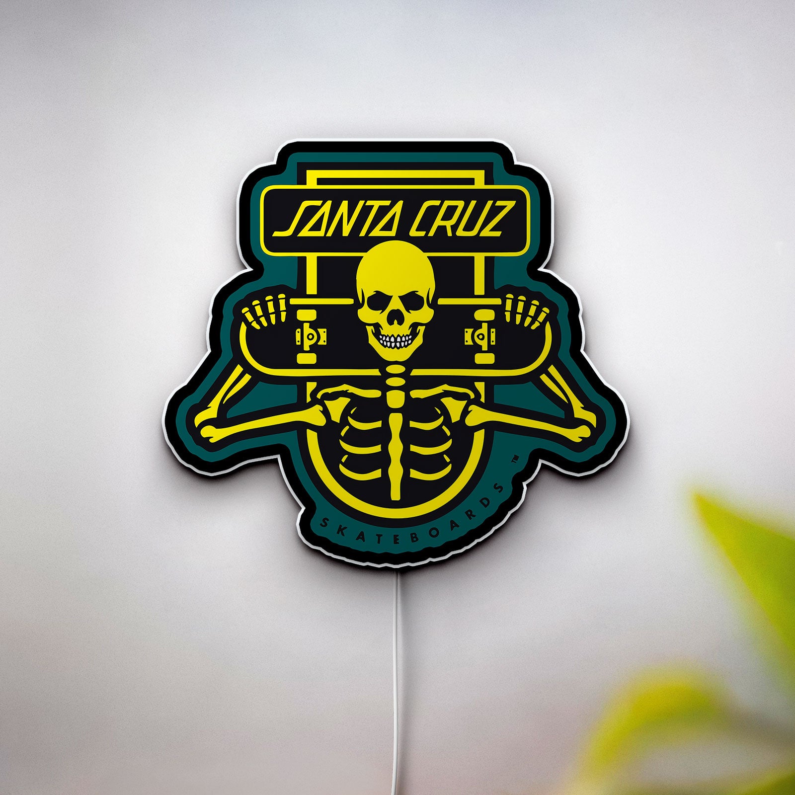 Santa Cruz Skeleton Glow Sign - Skull Skateboard LED Wall Art Light, Retro Skate Decor Gift for Skateboarders
