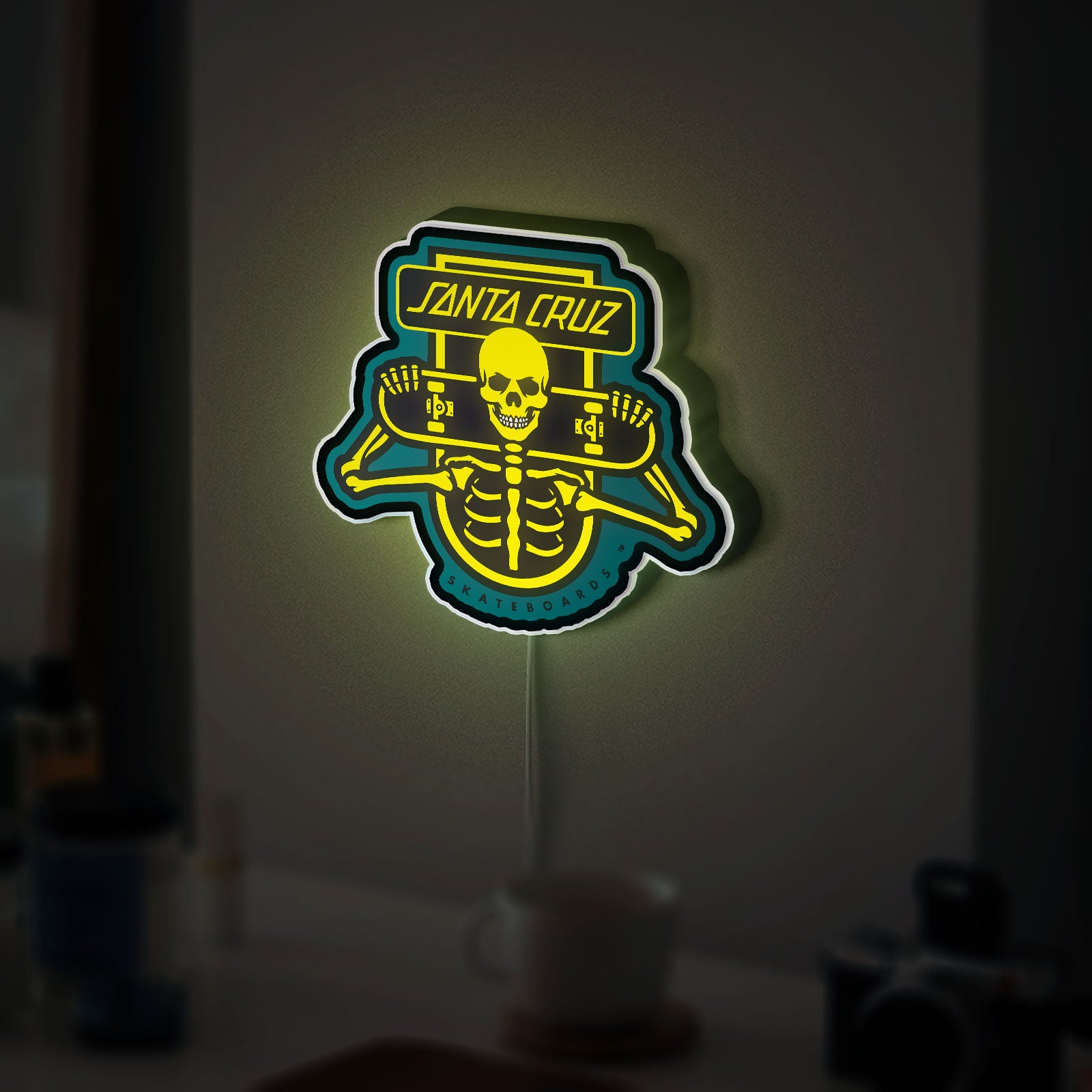 Santa Cruz Skeleton Glow Sign - Skull Skateboard LED Wall Art Light, Retro Skate Decor Gift for Skateboarders
