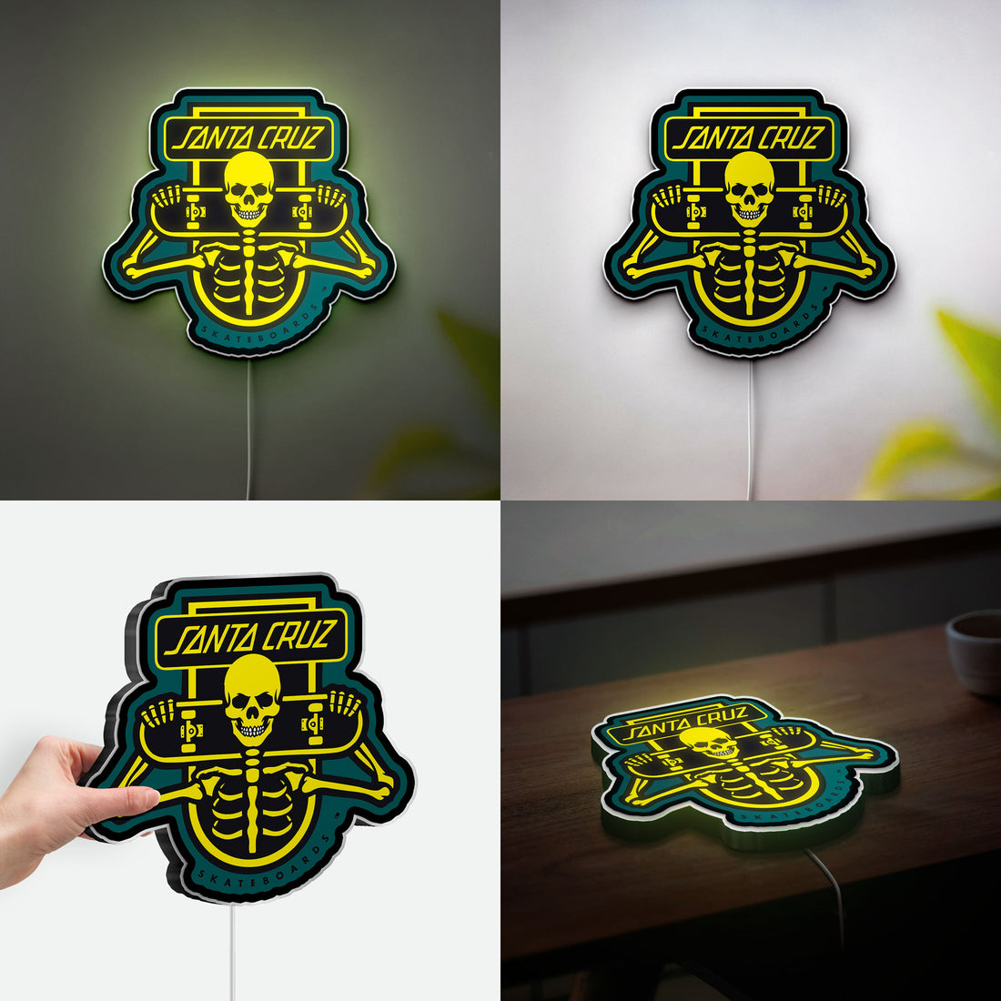 Santa Cruz Skeleton Glow Sign - Skull Skateboard LED Wall Art Light, Retro Skate Decor Gift for Skateboarders
