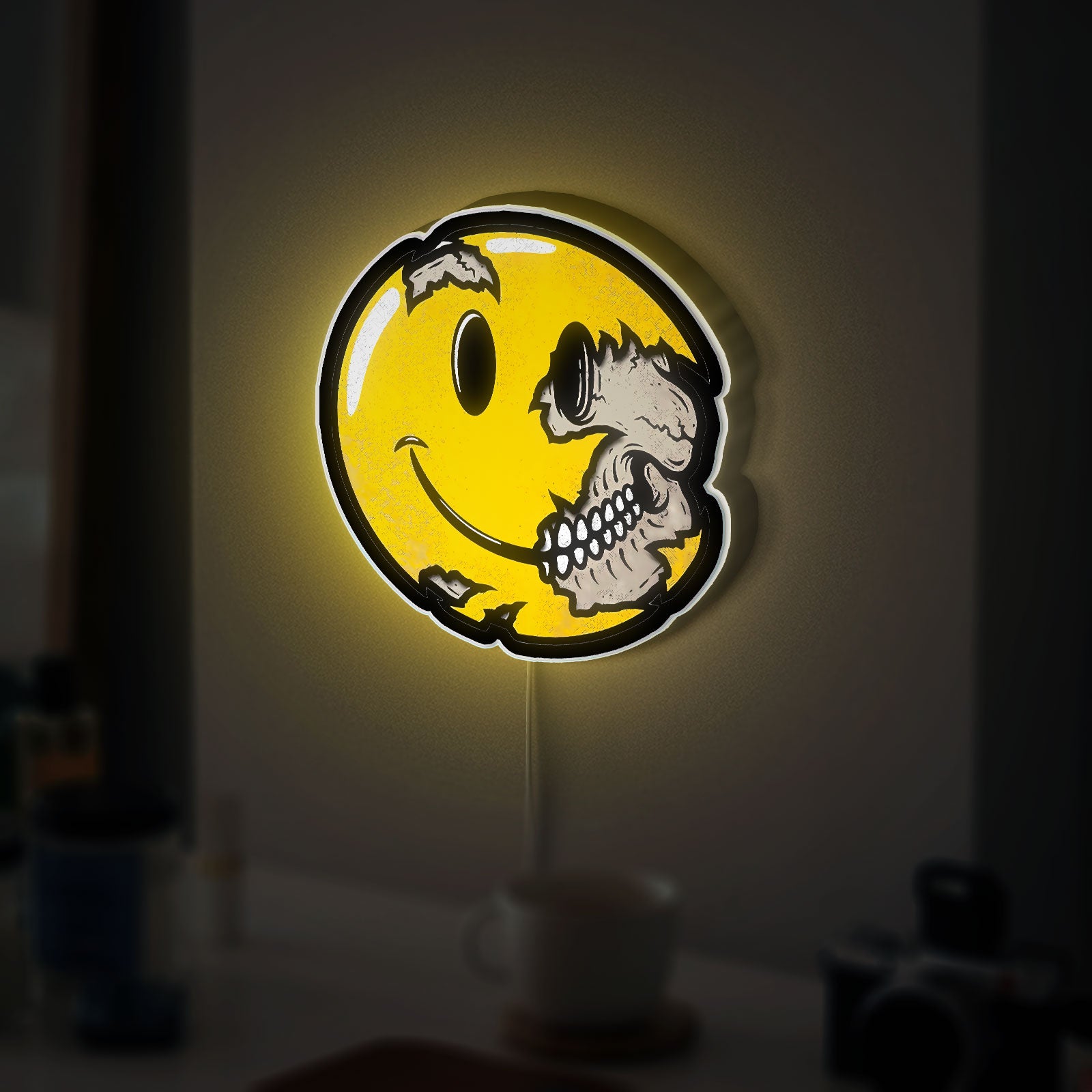 Skull Smiley Face Glow Light - Emo Horror Decor, Nevermind Inspired LED Sign, Alternative Room Night Lamp
