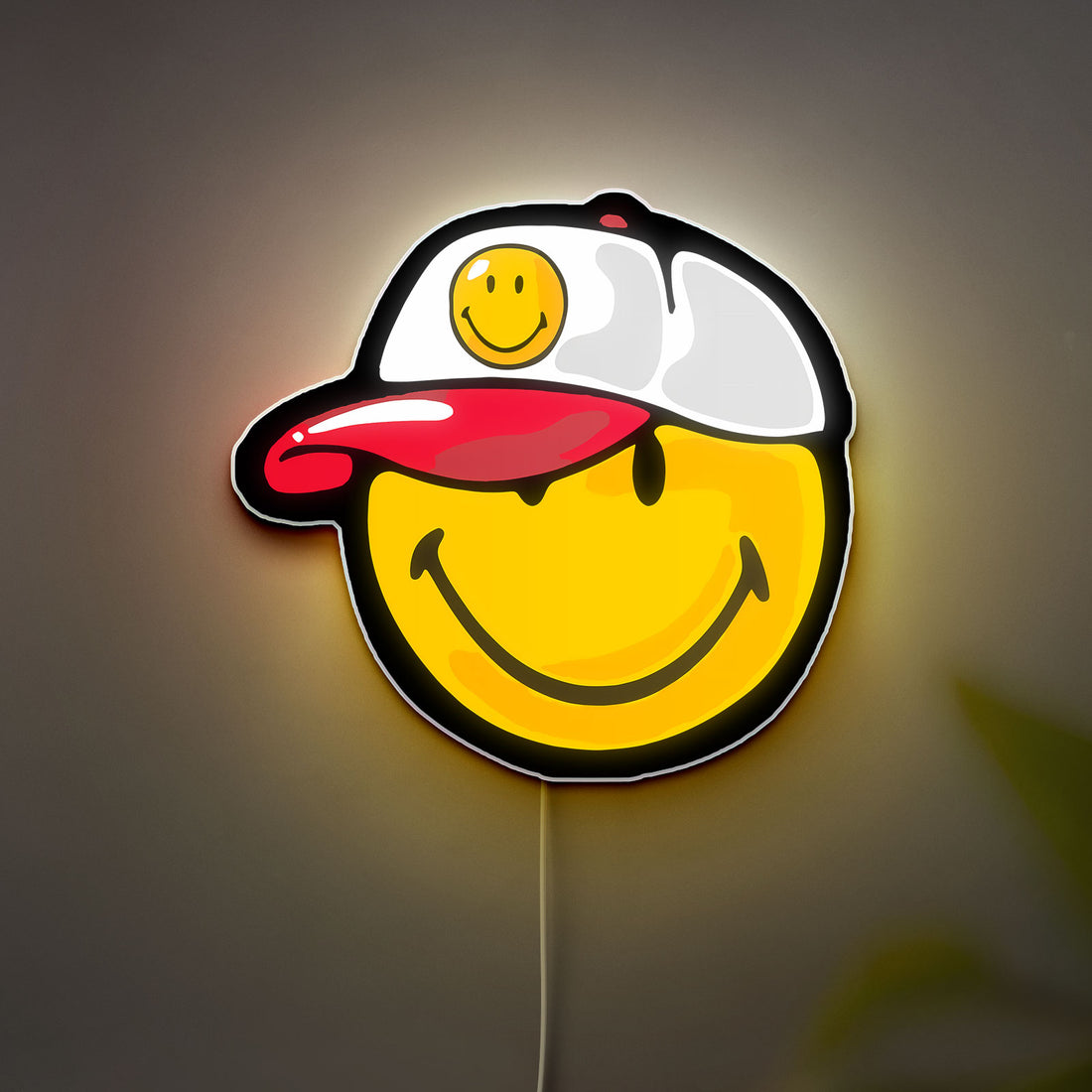 Smiley Face LED Light - Retro Backwards Cap Glow Sign, Fun Room Decor, Cheerful Gift with Vibrant Illumination
