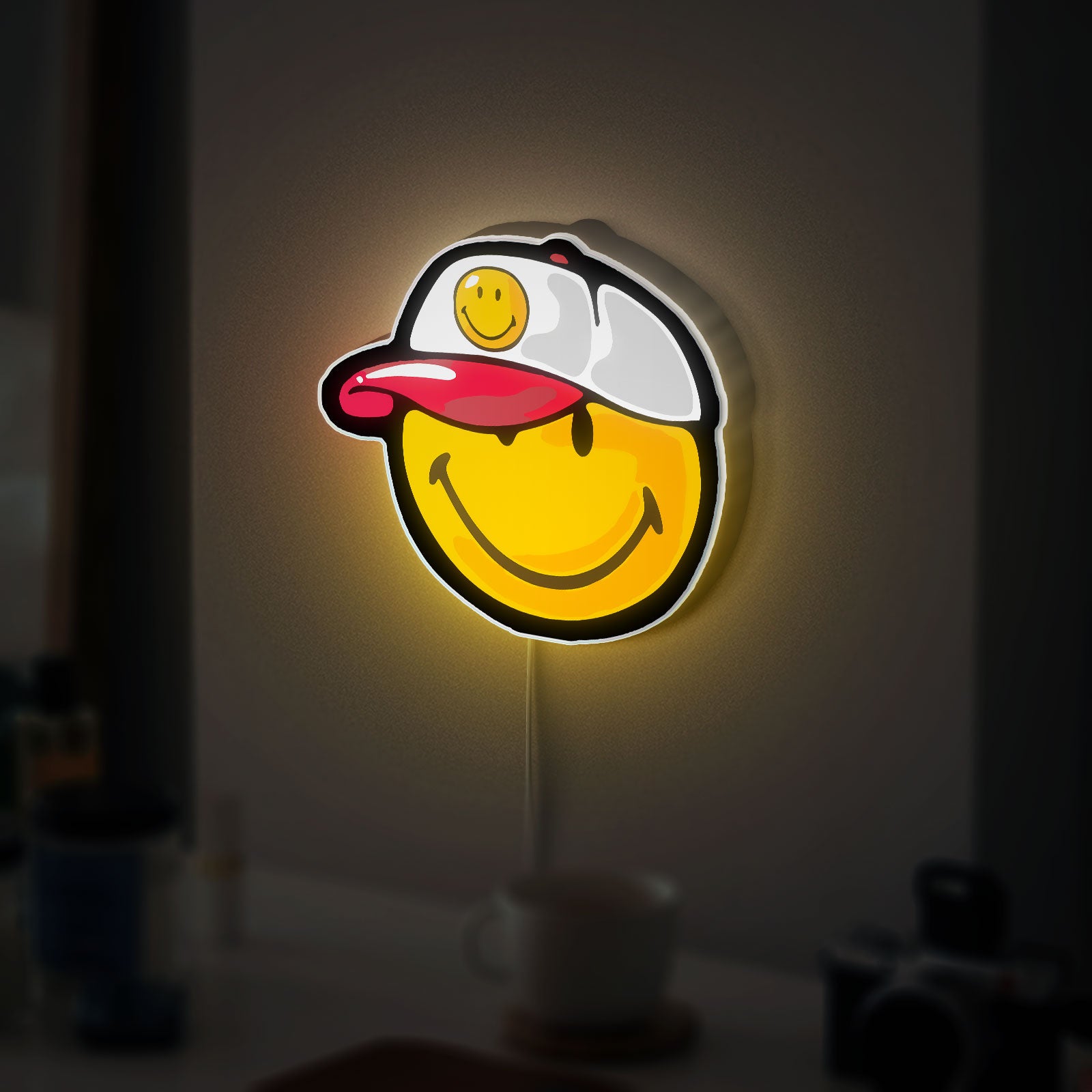 Smiley Face LED Light - Retro Backwards Cap Glow Sign, Fun Room Decor, Cheerful Gift with Vibrant Illumination

