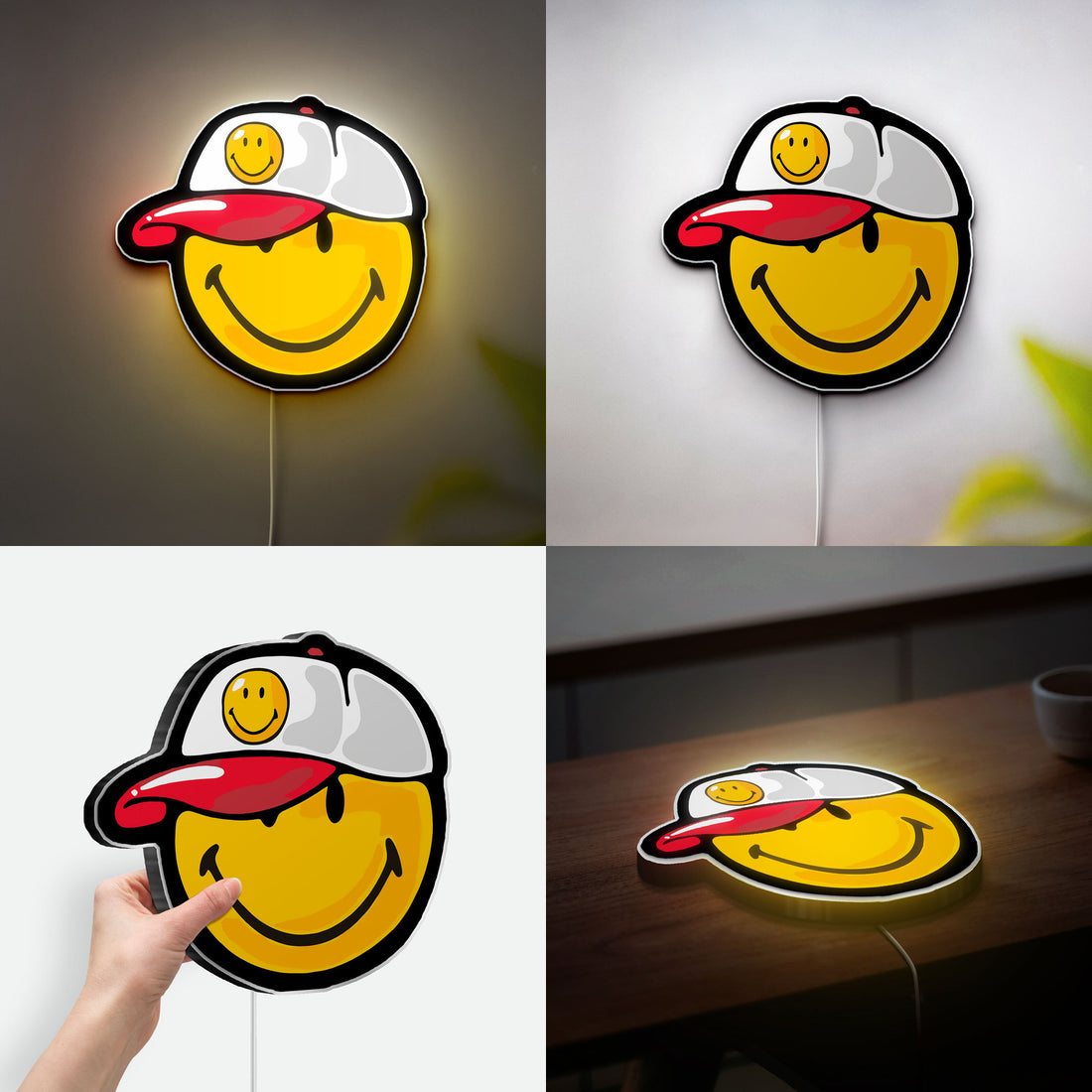 Smiley Face LED Light - Retro Backwards Cap Glow Sign, Fun Room Decor, Cheerful Gift with Vibrant Illumination
