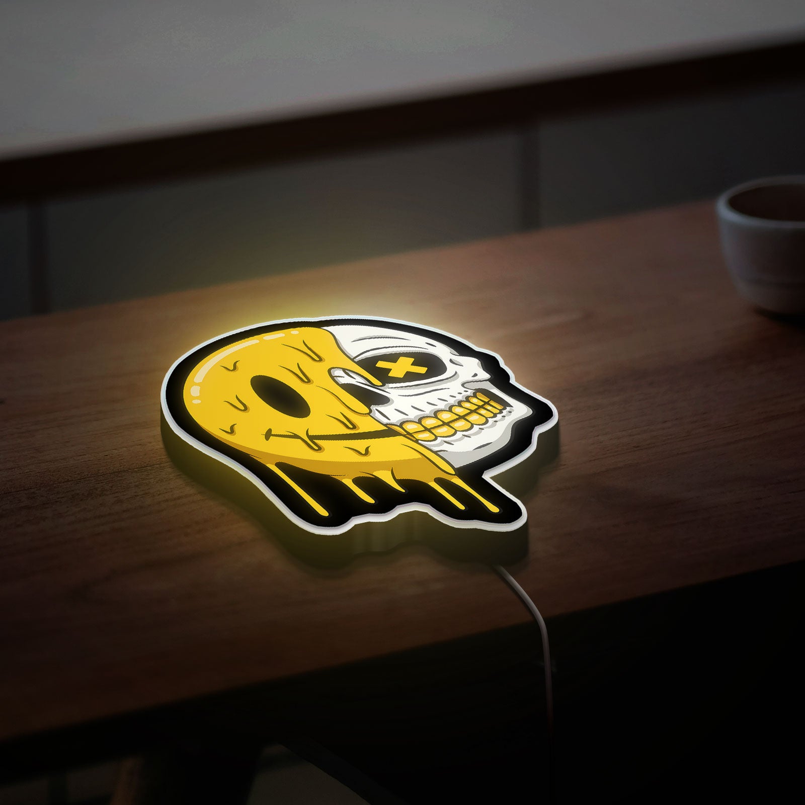 Smiling Skull Glow Light - Happy Halloween Decor, Yellow Bone LED Night Light, Fun Spooky Gift