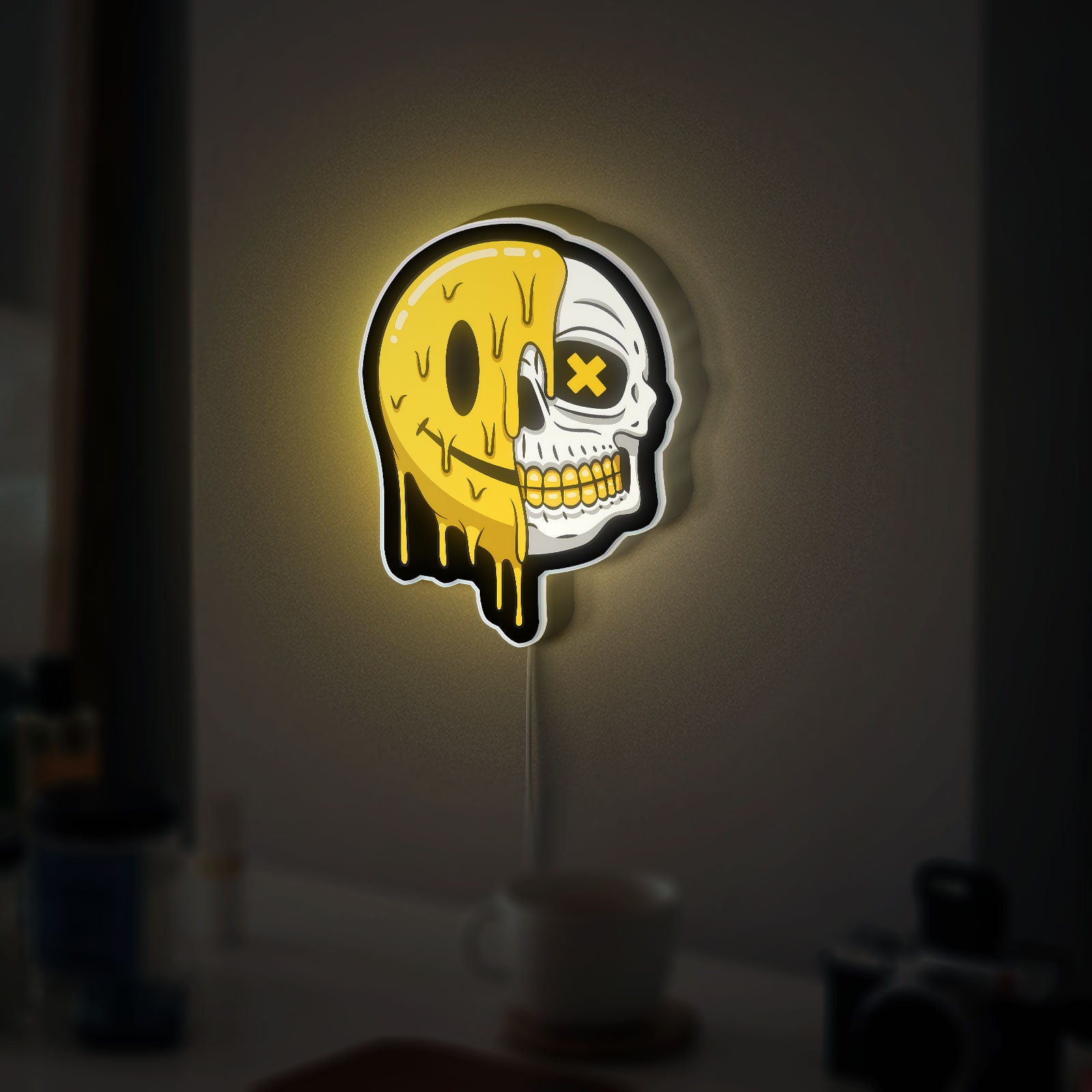 Smiling Skull Glow Light - Happy Halloween Decor, Yellow Bone LED Night Light, Fun Spooky Gift