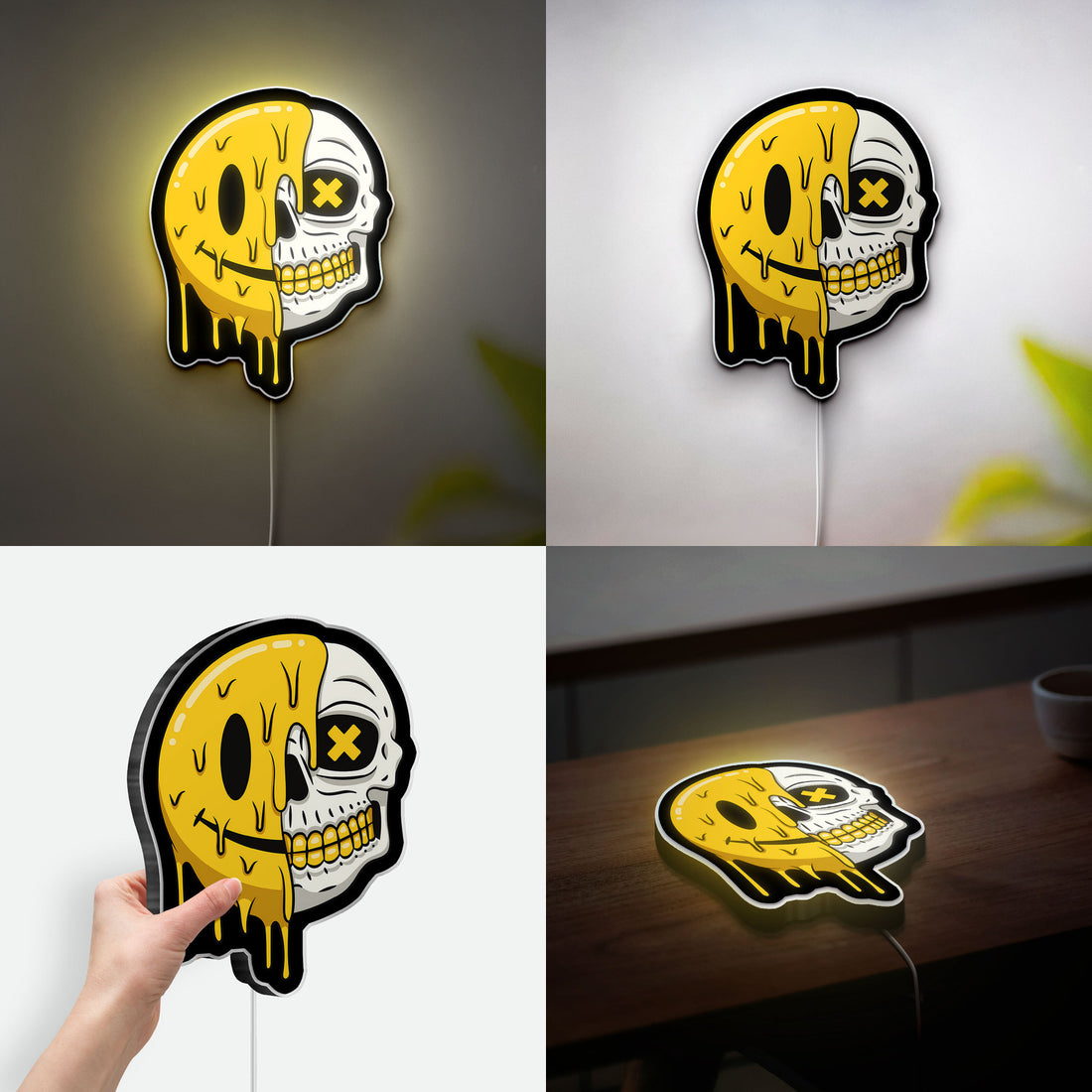 Smiling Skull Glow Light - Happy Halloween Decor, Yellow Bone LED Night Light, Fun Spooky Gift