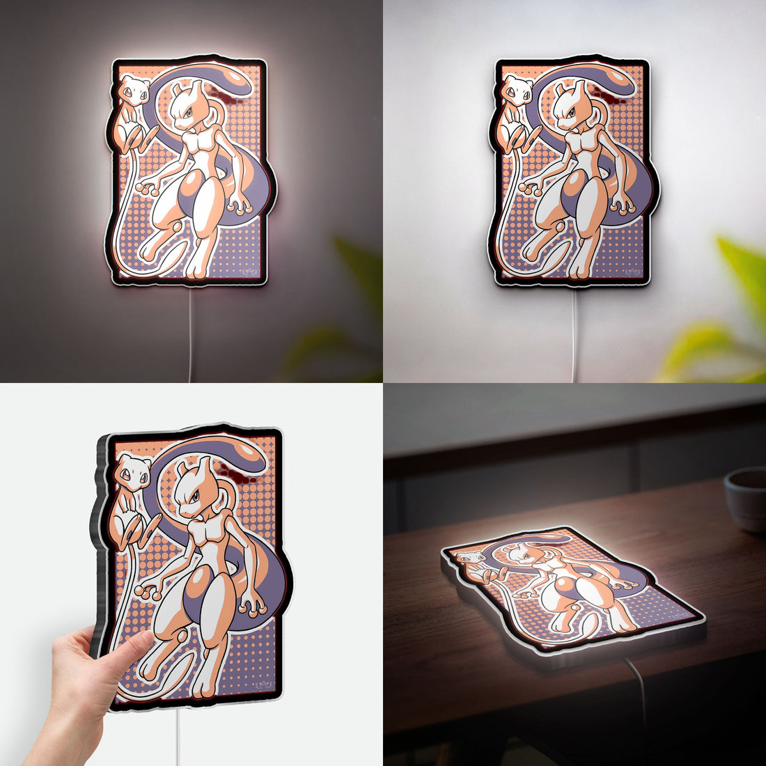 Mewtwo Evolution Glow Light - Psychic Pokemon Night Lamp, Nintendo Gaming Room Decor, Collectible LED Sign for Pokemon Fans