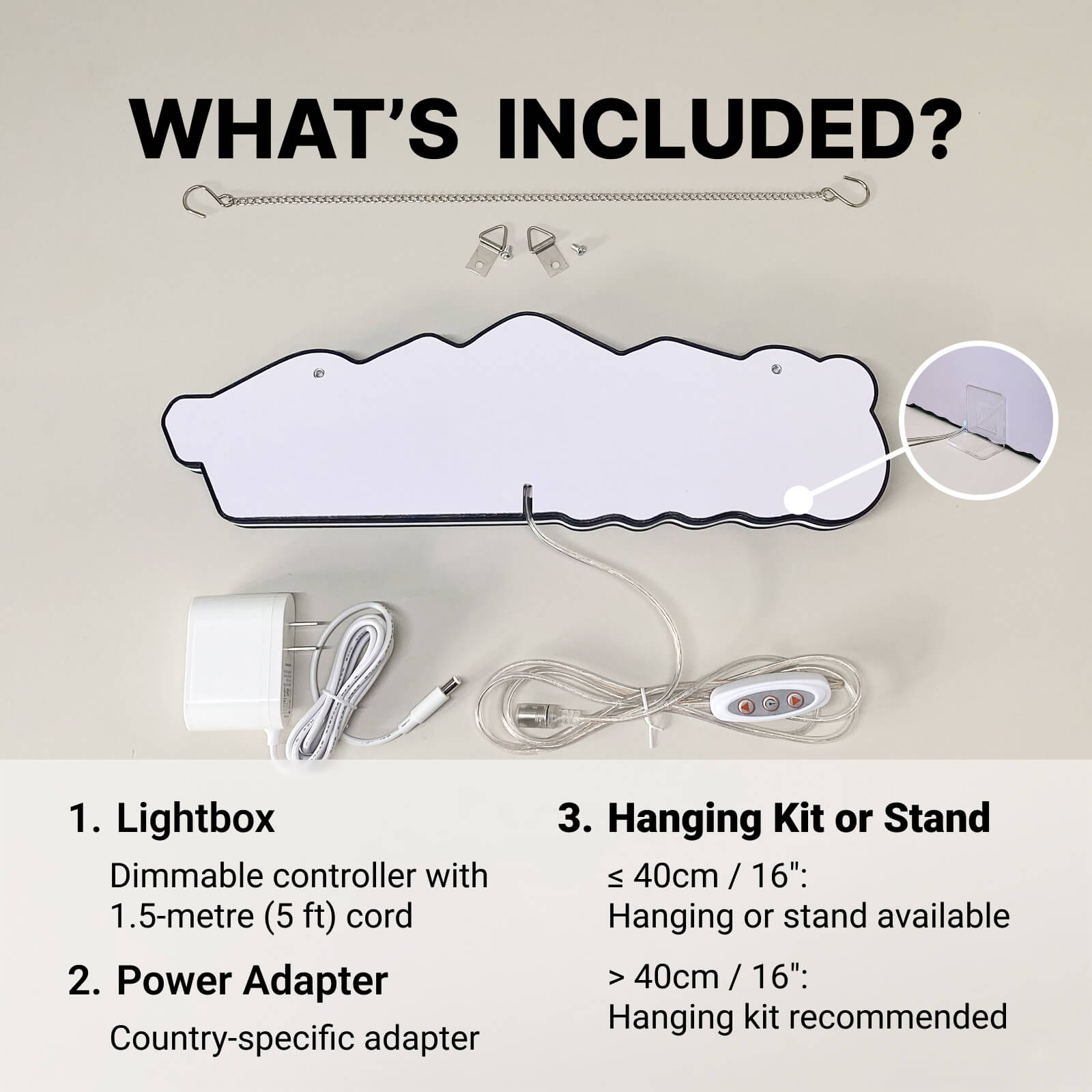 LED lightbox package with dimmer cable, power adapter, hanging kit, and desk stand