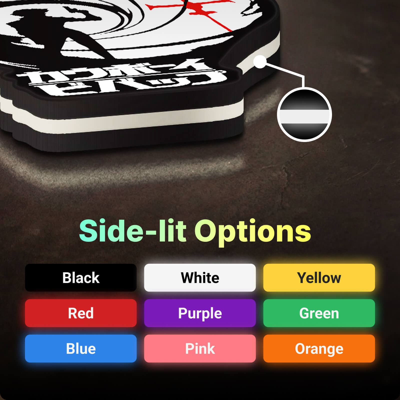 LED lightbox side-lit color options including black, white, yellow, red, purple, green, blue, pink, and orange