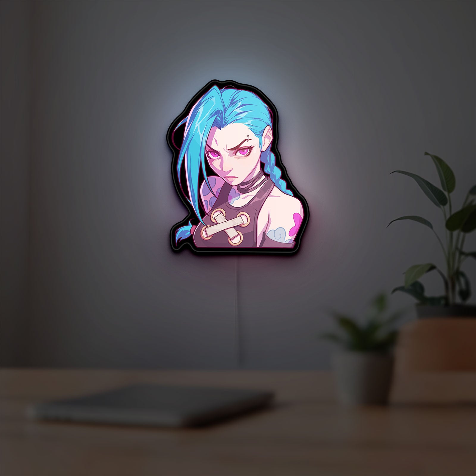 Arcane Jinx League of Legends LED lightbox hanging on a room wall with soft purple light