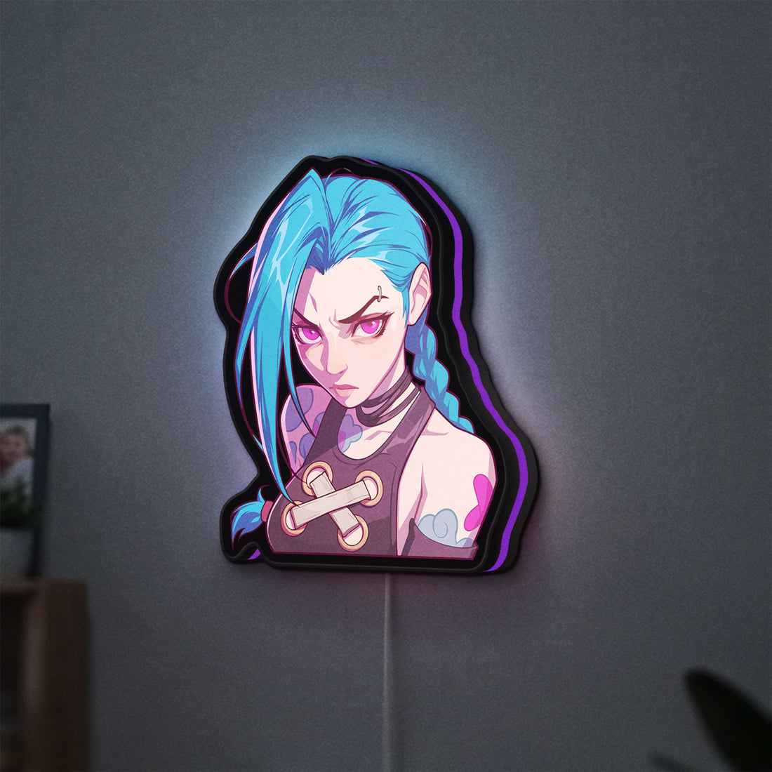 Arcane Jinx League of Legends LED lightbox hanging on a wall with purple glow