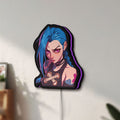 Unlit Arcane Jinx League of Legends LED lightbox mounted on a wall in daylight