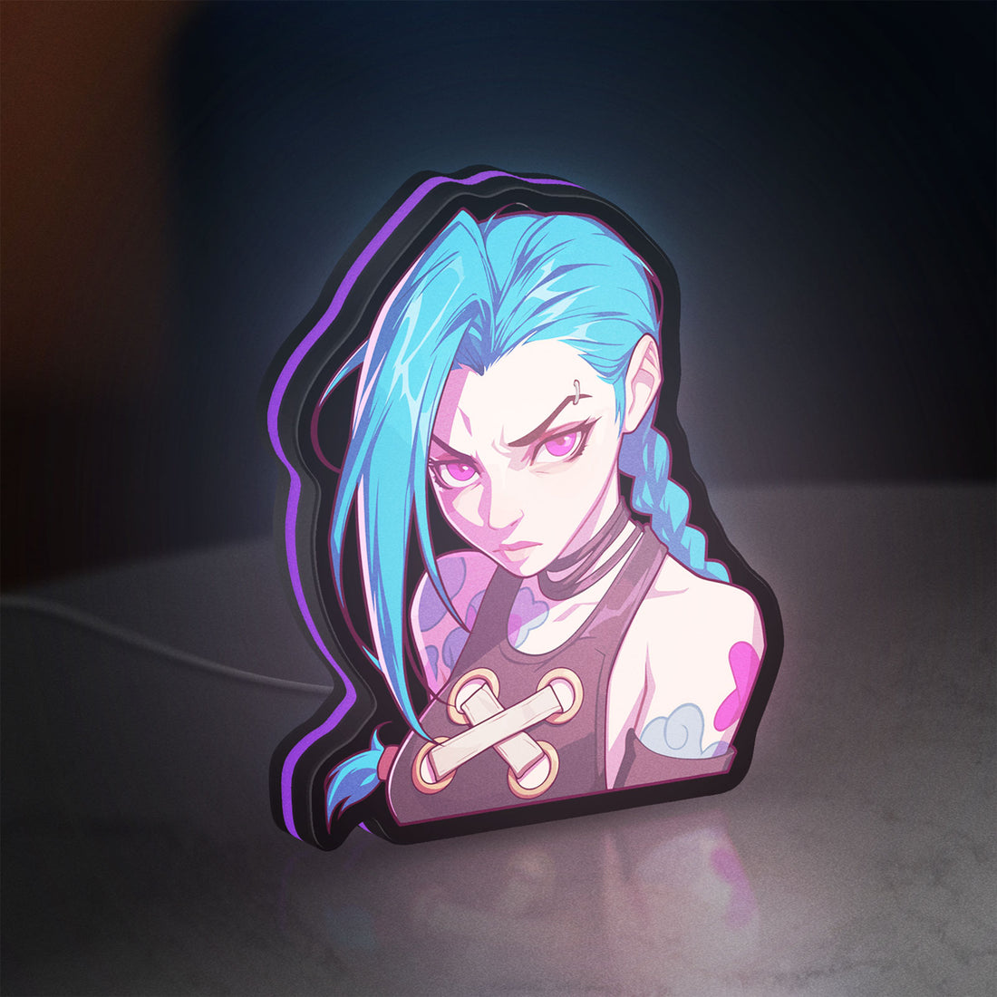 Arcane Jinx League of Legends LED lightbox hanging on a wall with purple glow