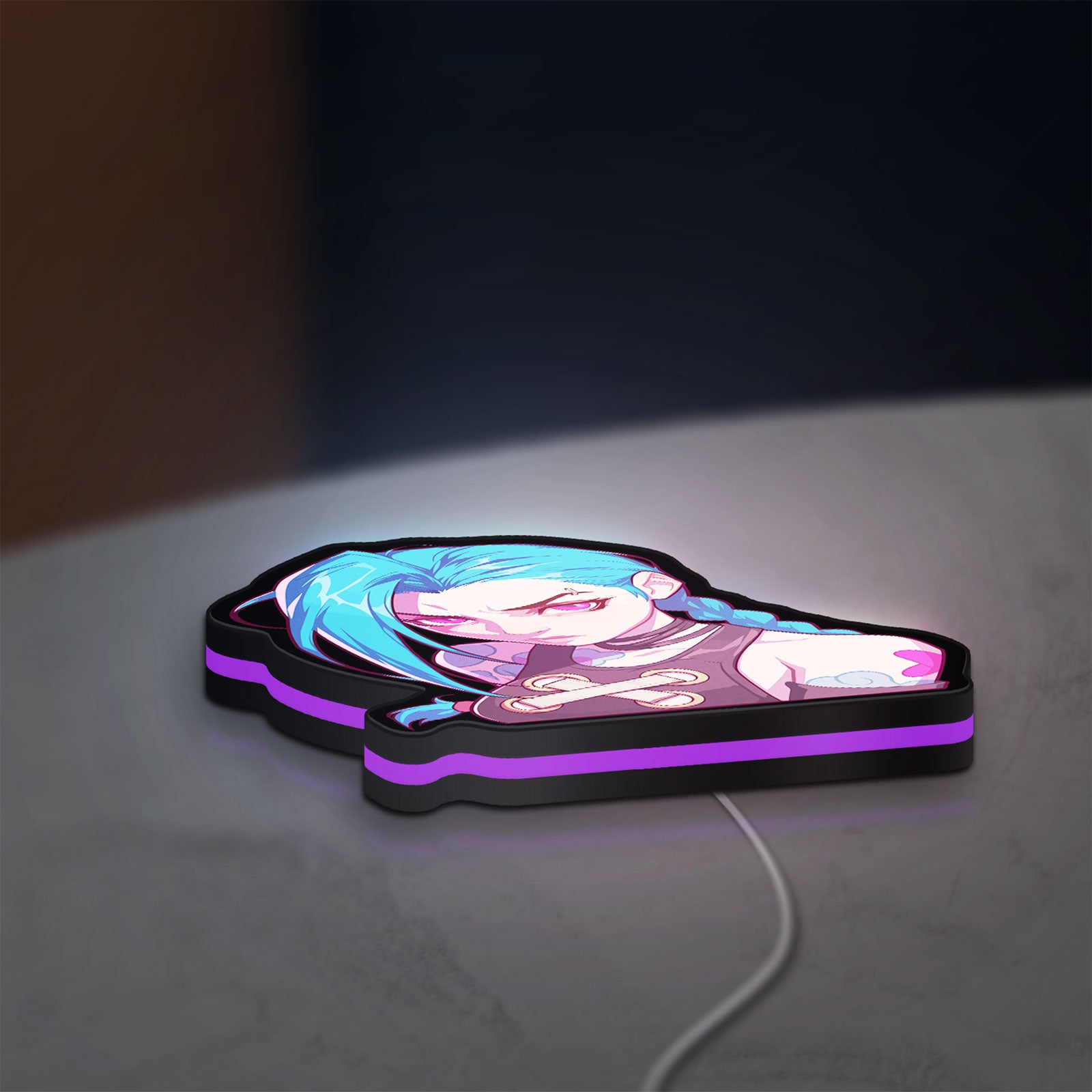 Arcane Jinx League of Legends LED lightbox lying flat on a desk with purple glow