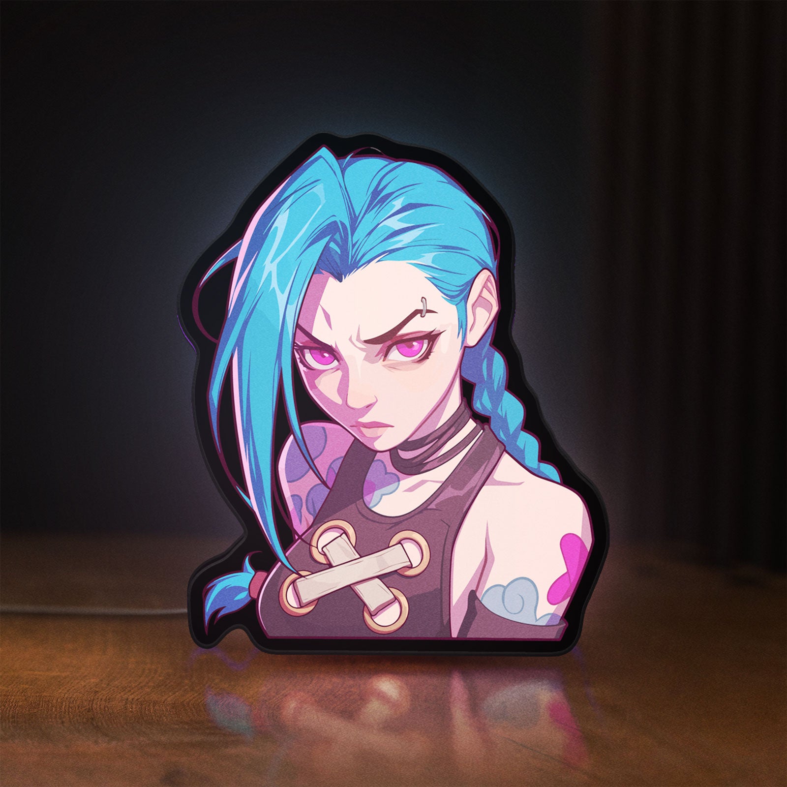 Front view of Arcane Jinx League of Legends LED lightbox sign glowing on a wooden desk