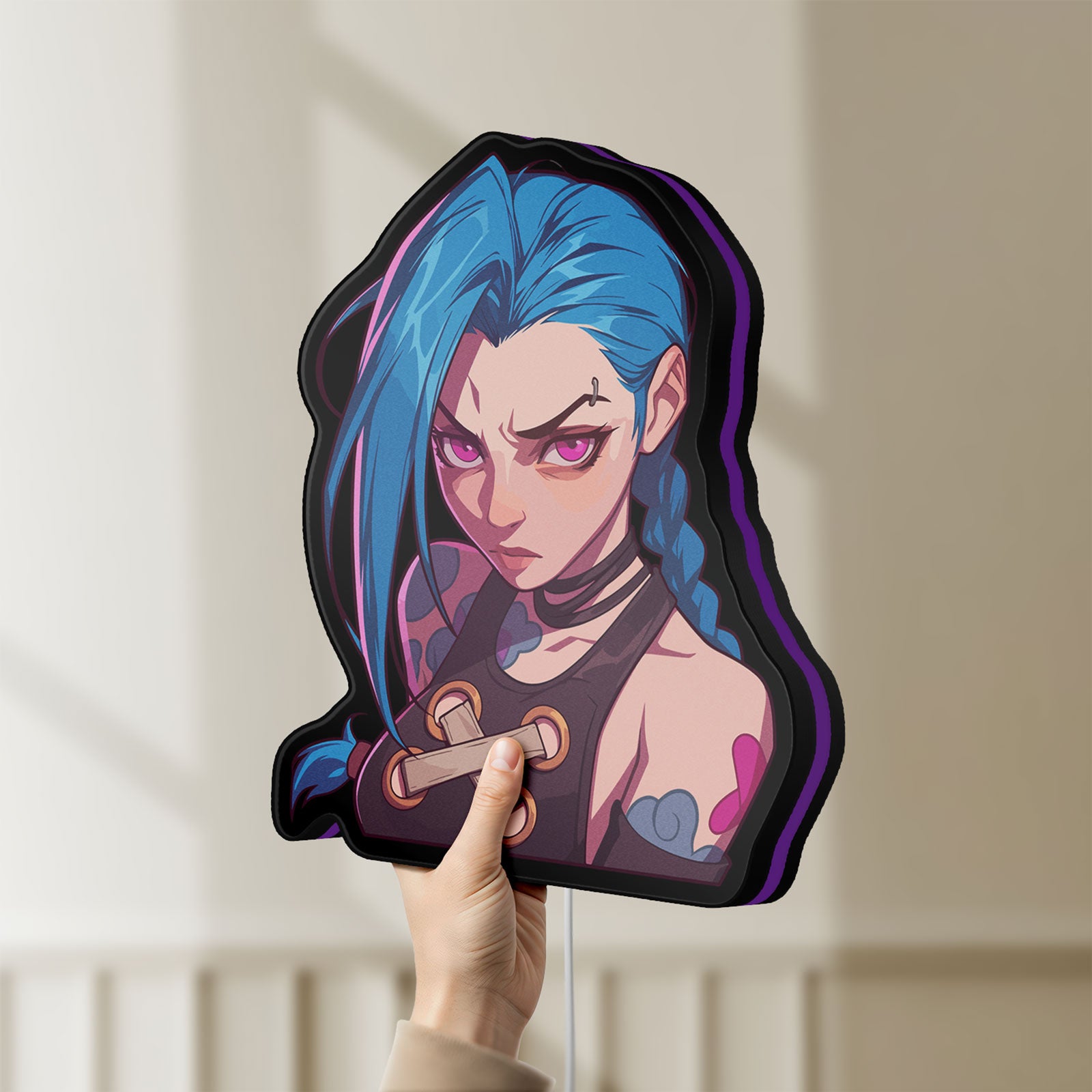 Unlit Arcane Jinx League of Legends LED lightbox held by hand to show size and details