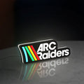 ARC Raiders Sci-Fi Looter Shooter LED lightbox standing on a desk from an angled side view with white glow