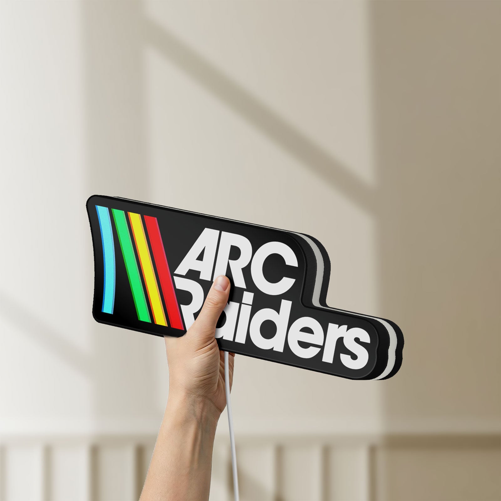 Unlit ARC Raiders Sci-Fi Looter Shooter LED lightbox held by hand to show size and details