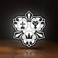 Front view of Kingdom Hearts Keyblade Sora Crown LED lightbox sign glowing on a wooden desk